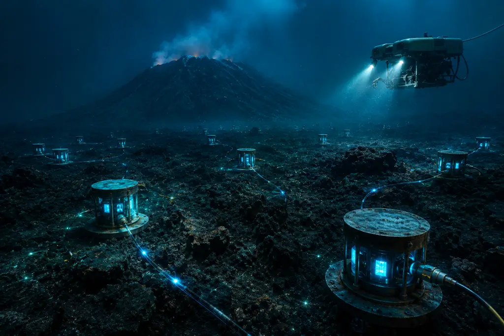 Why can't we predict volcanic eruptions — underwater monitoring network with instruments and cables on ocean floor
