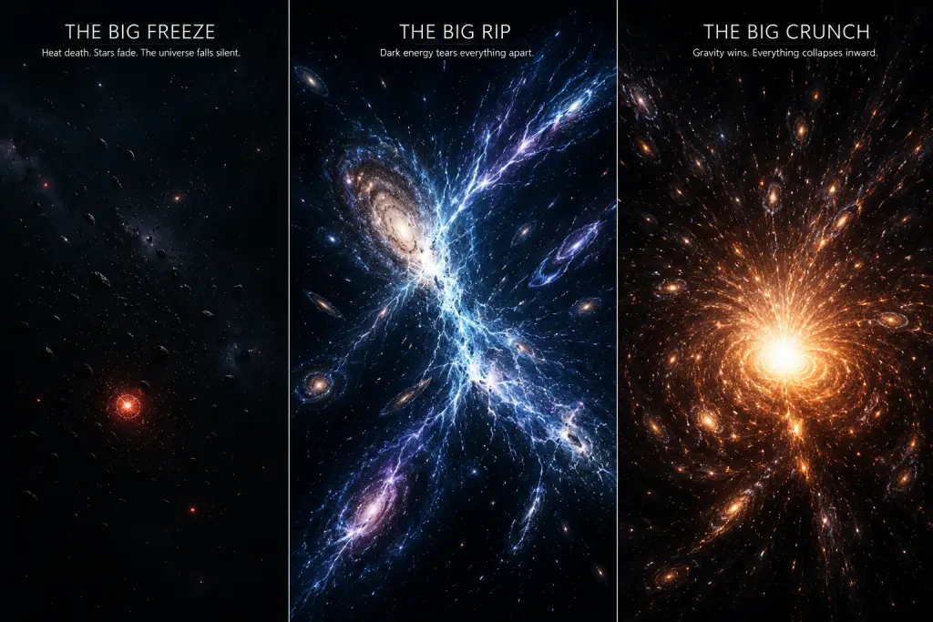 Three illustrated scenarios for the universe's fate — Big Freeze, Big Rip, Big Crunch — driven by dark energy behavior
