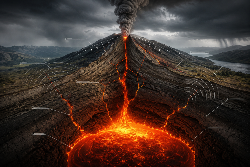 Cross-section diagram showing magma chamber, seismic activity, and ground deformation for volcanic eruption prediction science