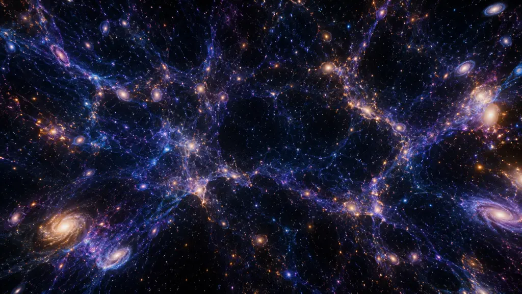 Visual representation of dark energy driving the accelerating expansion of the universe through cosmic filaments