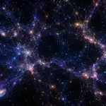 Visual representation of dark energy driving the accelerating expansion of the universe through cosmic filaments