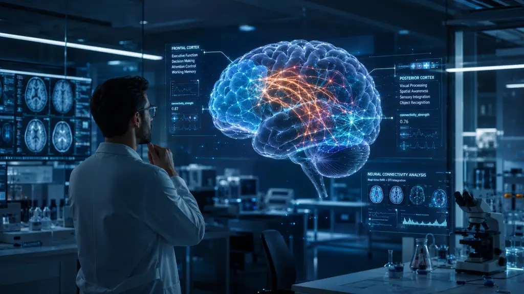 Neuroscientist studying a 3D brain hologram showing how anesthesia works on neural connectivity in a modern lab