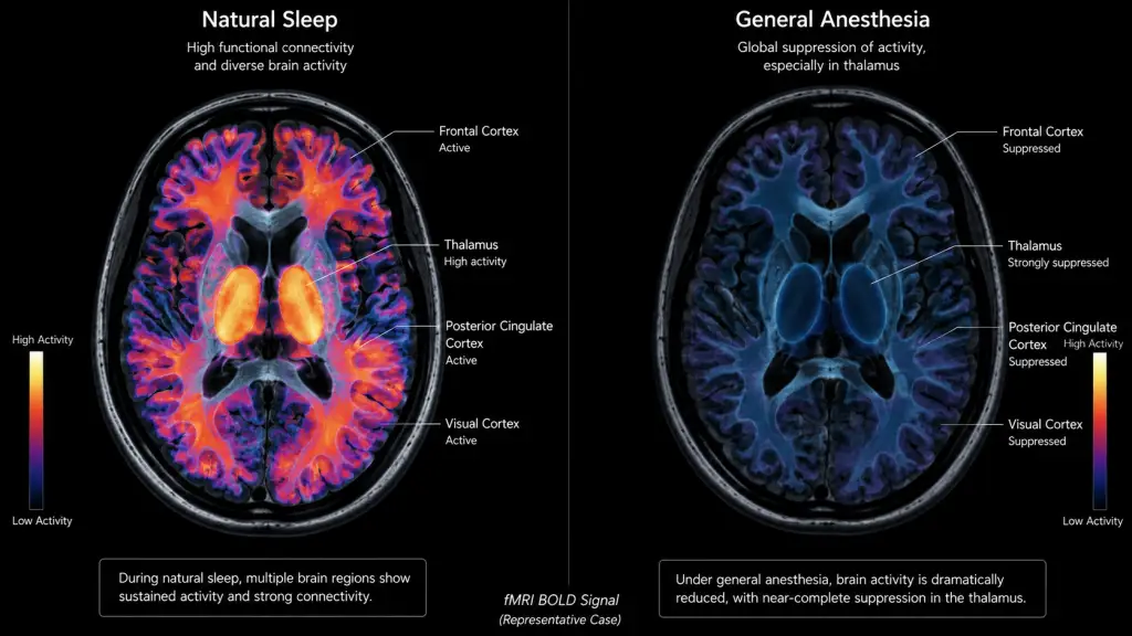 Brain scan comparison showing how anesthesia works differently from sleep at the neurological level
