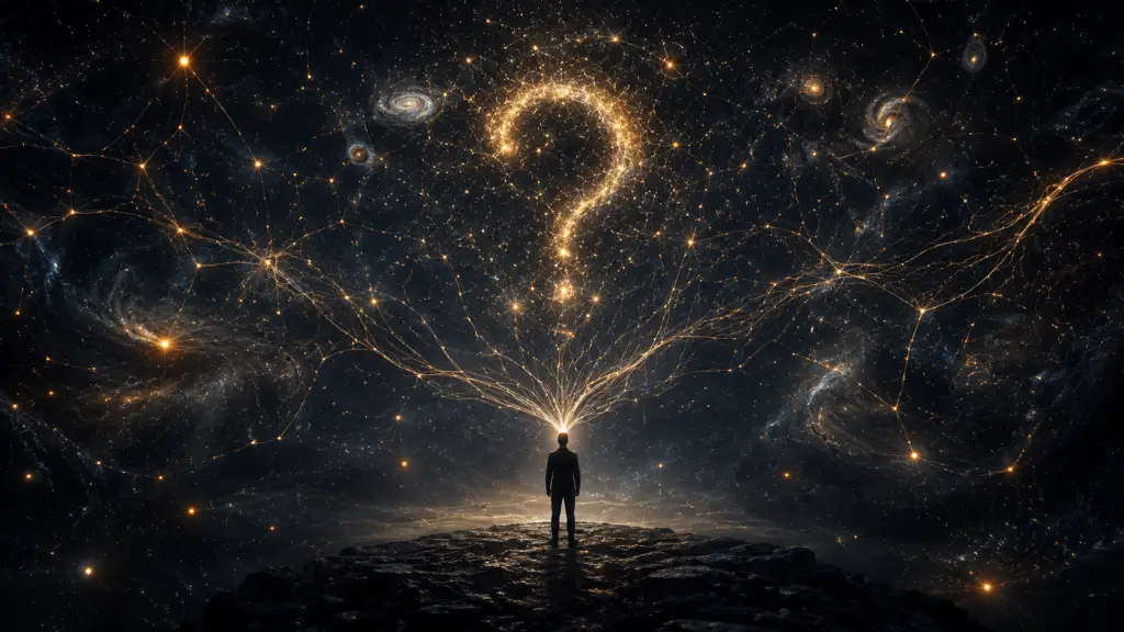 Conceptual art of a human figure connected to a glowing neural web representing the mystery of consciousness