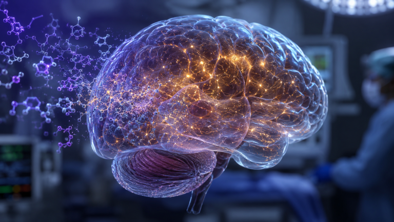 Glowing human brain illustration showing neural networks and how anesthesia works on brain activity