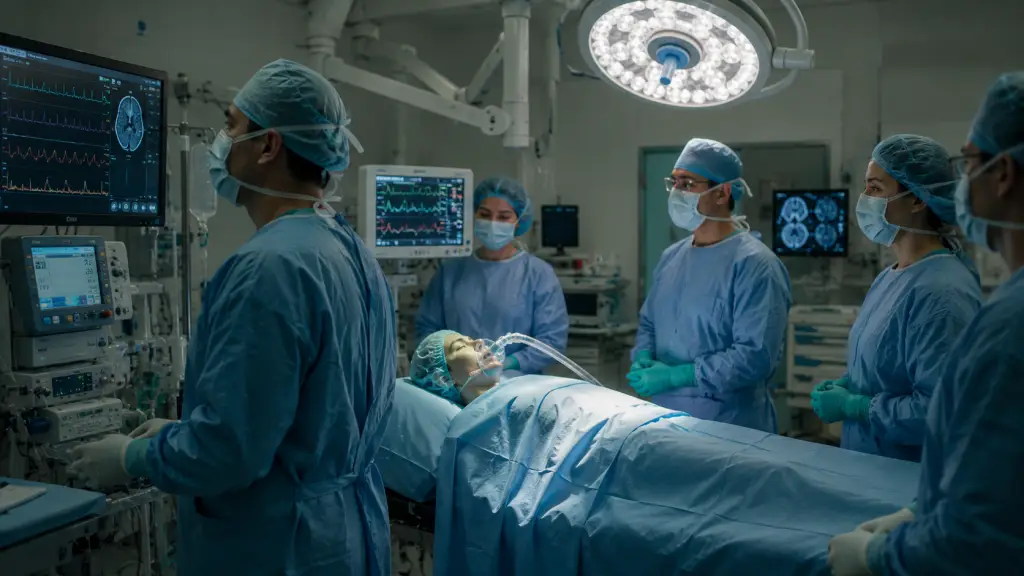 Anesthesiologist monitoring brain waves in a modern operating room during general anesthesia administration